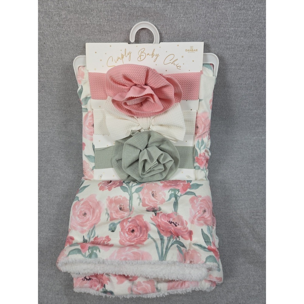 Simply BABY Chic PInk Rose Plush Blanket Set & 3 Matching Head Wraps Gift NEW